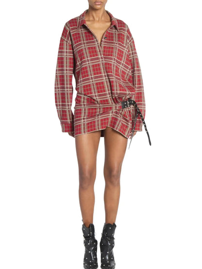 Belted Red Tartan Mini Shirt Dress - Dresses