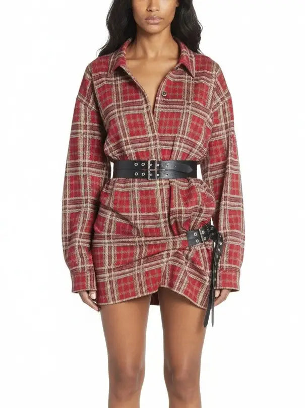 Belted Red Tartan Mini Shirt Dress - Dresses