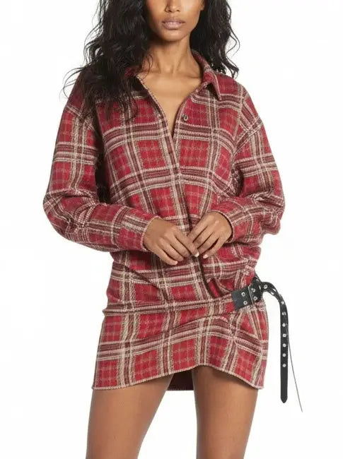 Belted Red Tartan Mini Shirt Dress - Dresses