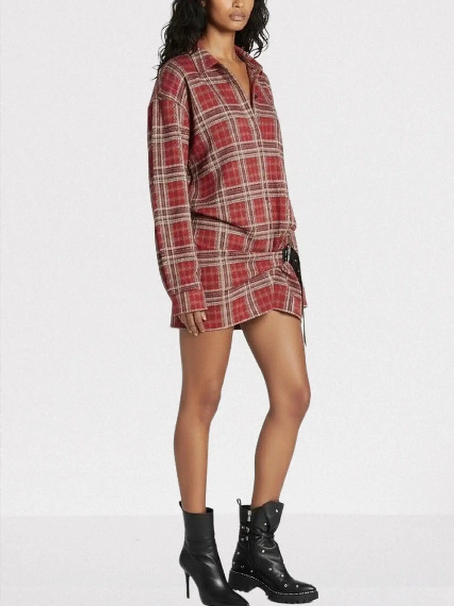 Belted Red Tartan Mini Shirt Dress - Dresses