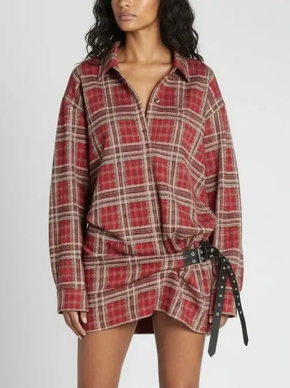 Belted Red Tartan Mini Shirt Dress - Dresses