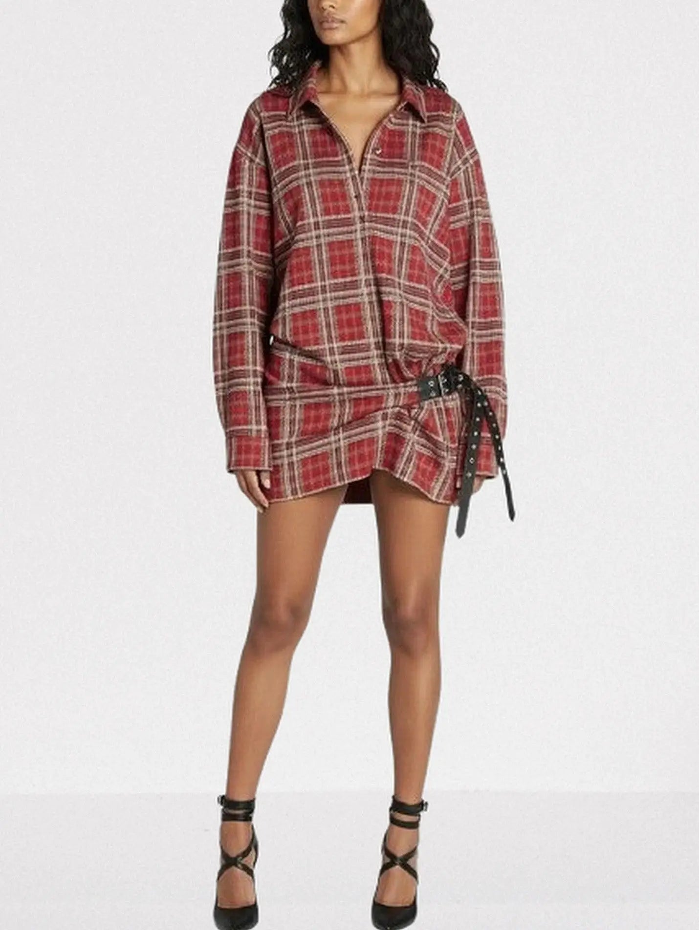 Belted Red Tartan Mini Shirt Dress - Dresses