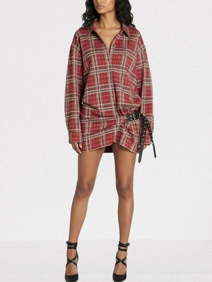 Belted Red Tartan Mini Shirt Dress - Dresses