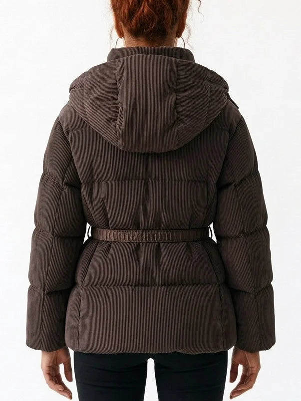 Belted Ribbed Down Puffer Jacket in Brown - Jackets