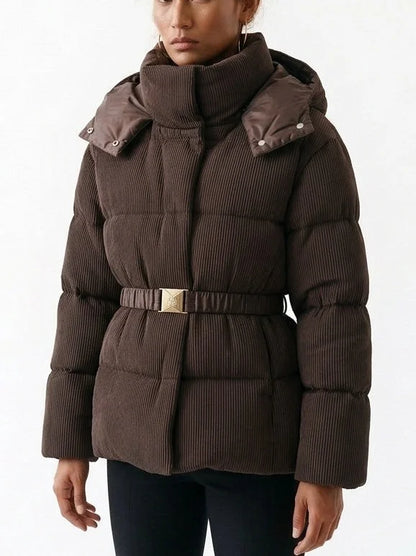 Belted Ribbed Down Puffer Jacket in Brown - Jackets