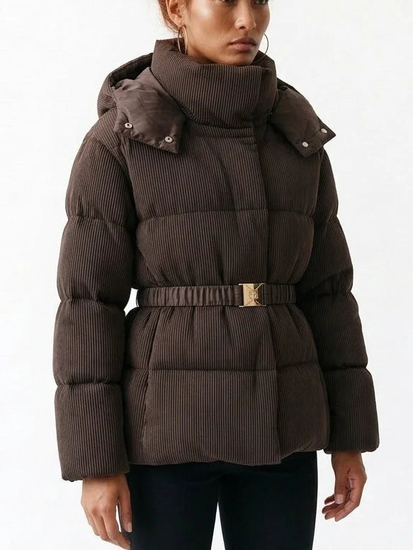 Belted Ribbed Down Puffer Jacket in Brown - Jackets