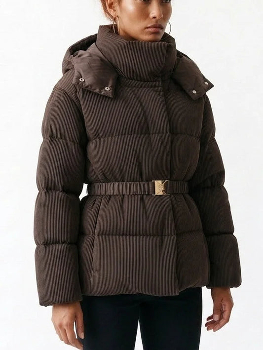 Belted Ribbed Down Puffer Jacket in Brown - Jackets