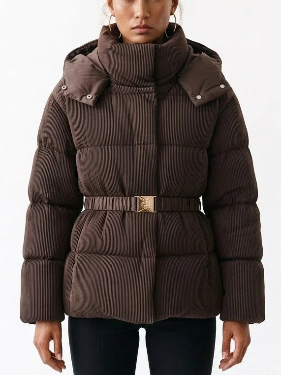 Belted Ribbed Down Puffer Jacket in Brown - Jackets