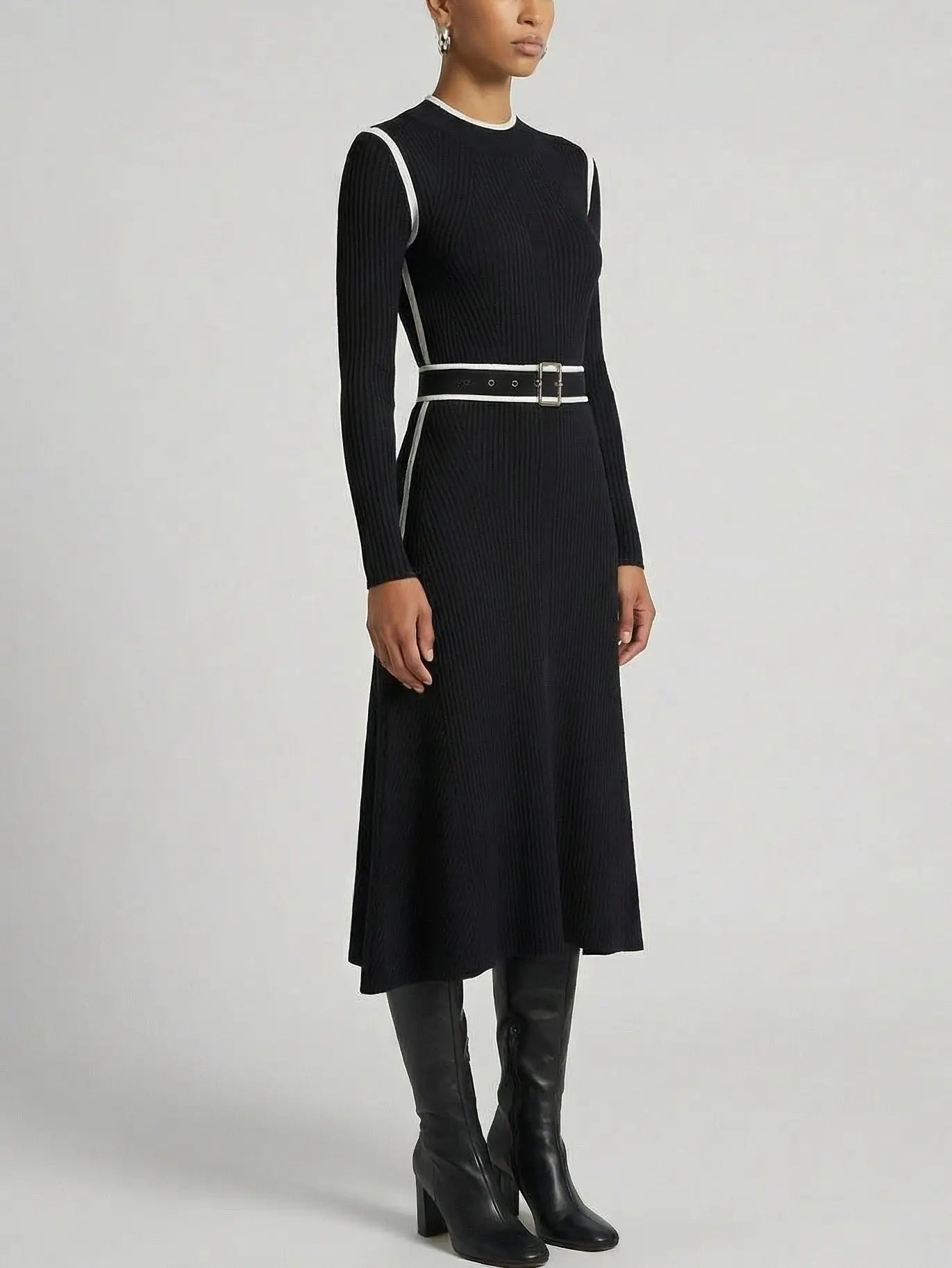 Belted Ribbed Knit Midi Dress with White Contrast Trim - Dresses