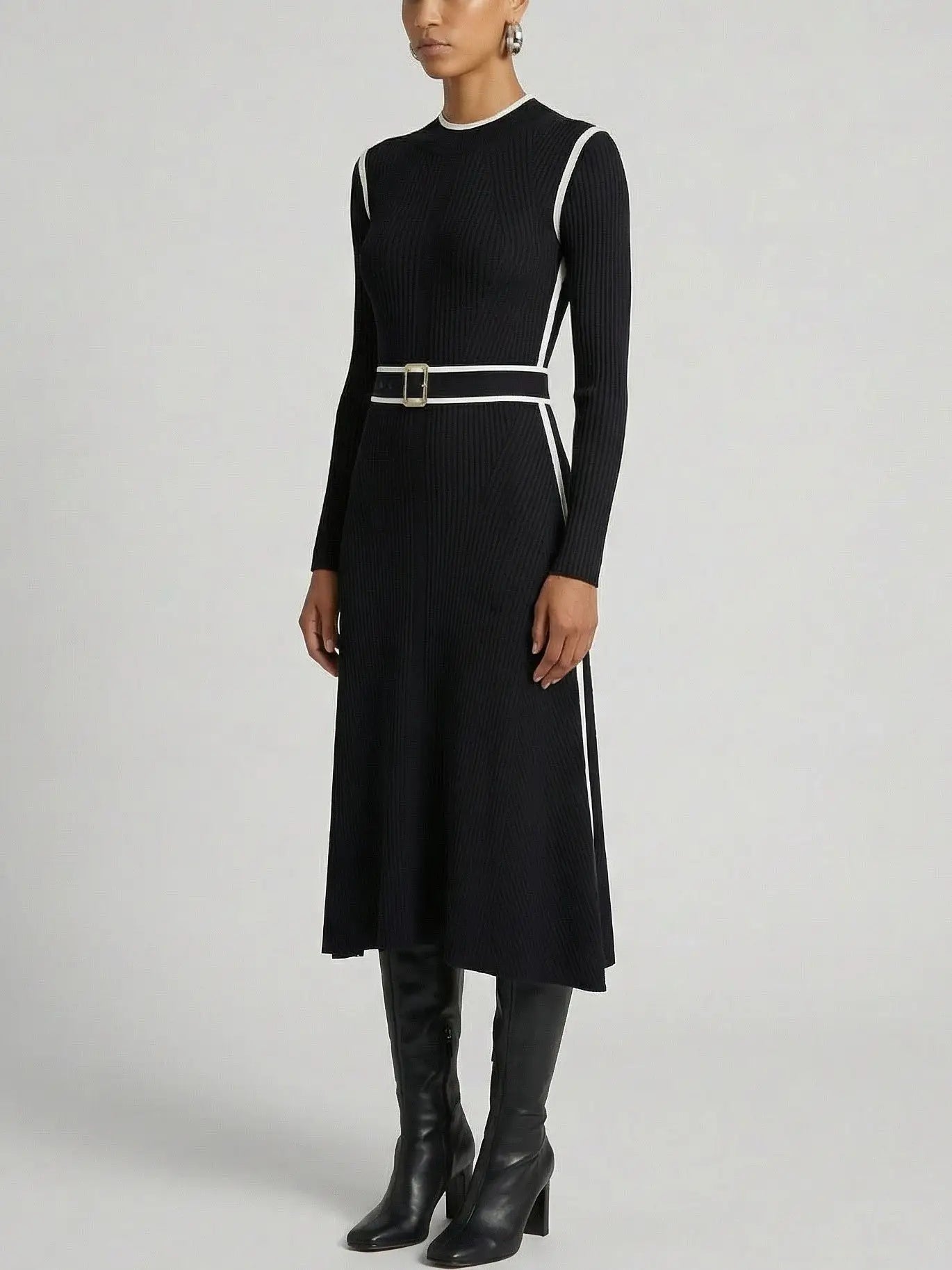 Belted Ribbed Knit Midi Dress with White Contrast Trim - Dresses