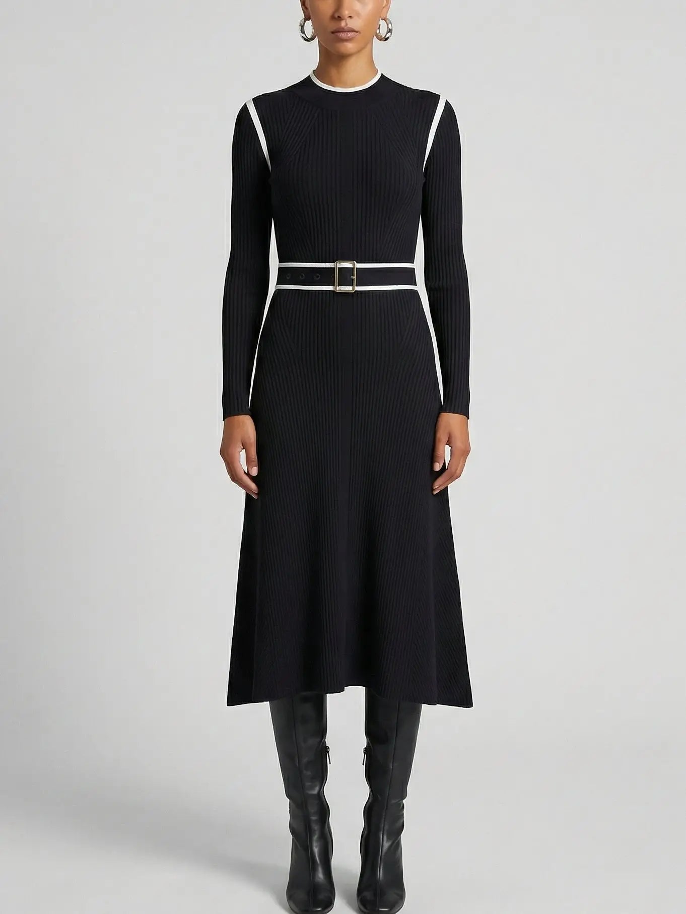 Belted Ribbed Knit Midi Dress with White Contrast Trim - Dresses