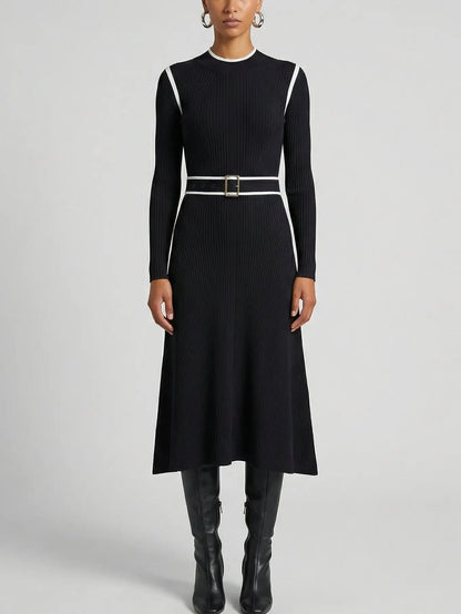 Belted Ribbed Knit Midi Dress with White Contrast Trim - Dresses