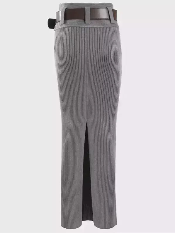 Belted Ribbed Knit Pencil Skirt - Skirts