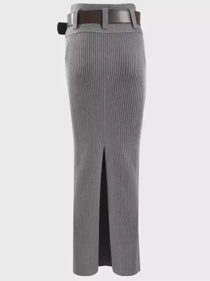 Belted Ribbed Knit Pencil Skirt - Skirts