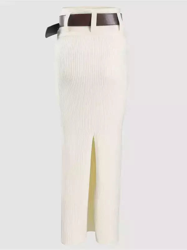 Belted Ribbed Knit Pencil Skirt - Skirts
