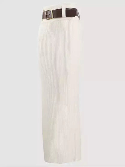 Belted Ribbed Knit Pencil Skirt - Skirts