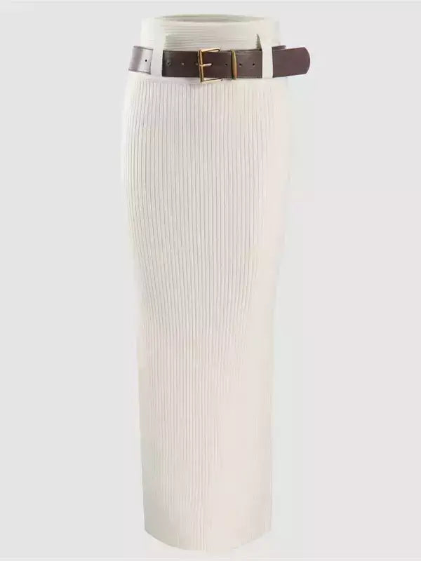 Belted Ribbed Knit Pencil Skirt - Small / White - Skirts