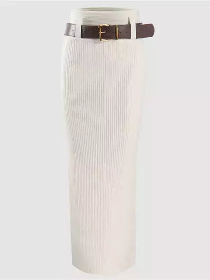 Belted Ribbed Knit Pencil Skirt - Small / White - Skirts