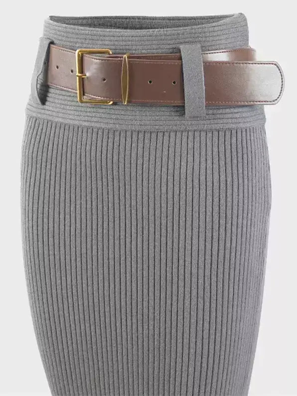 Belted Ribbed Knit Pencil Skirt - Skirts