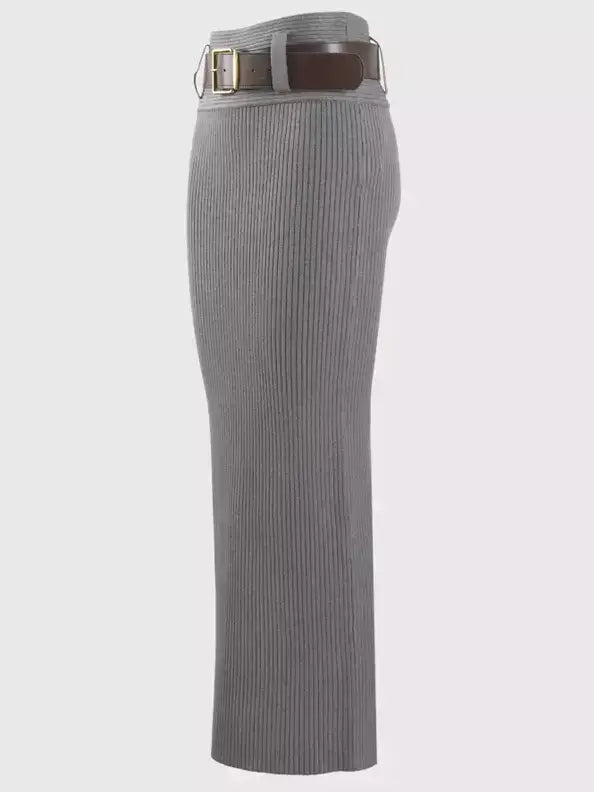 Belted Ribbed Knit Pencil Skirt - Skirts