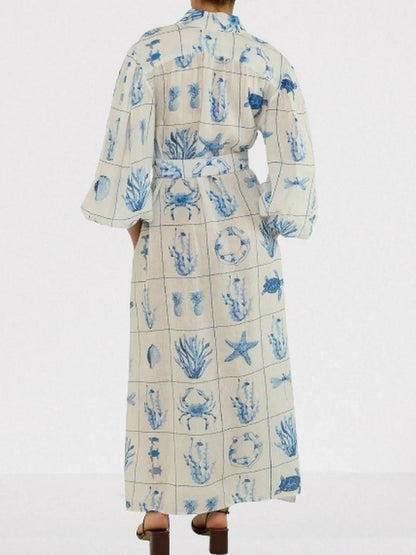 Belted Sea Life Printed Linen Maxi Dress - Dresses