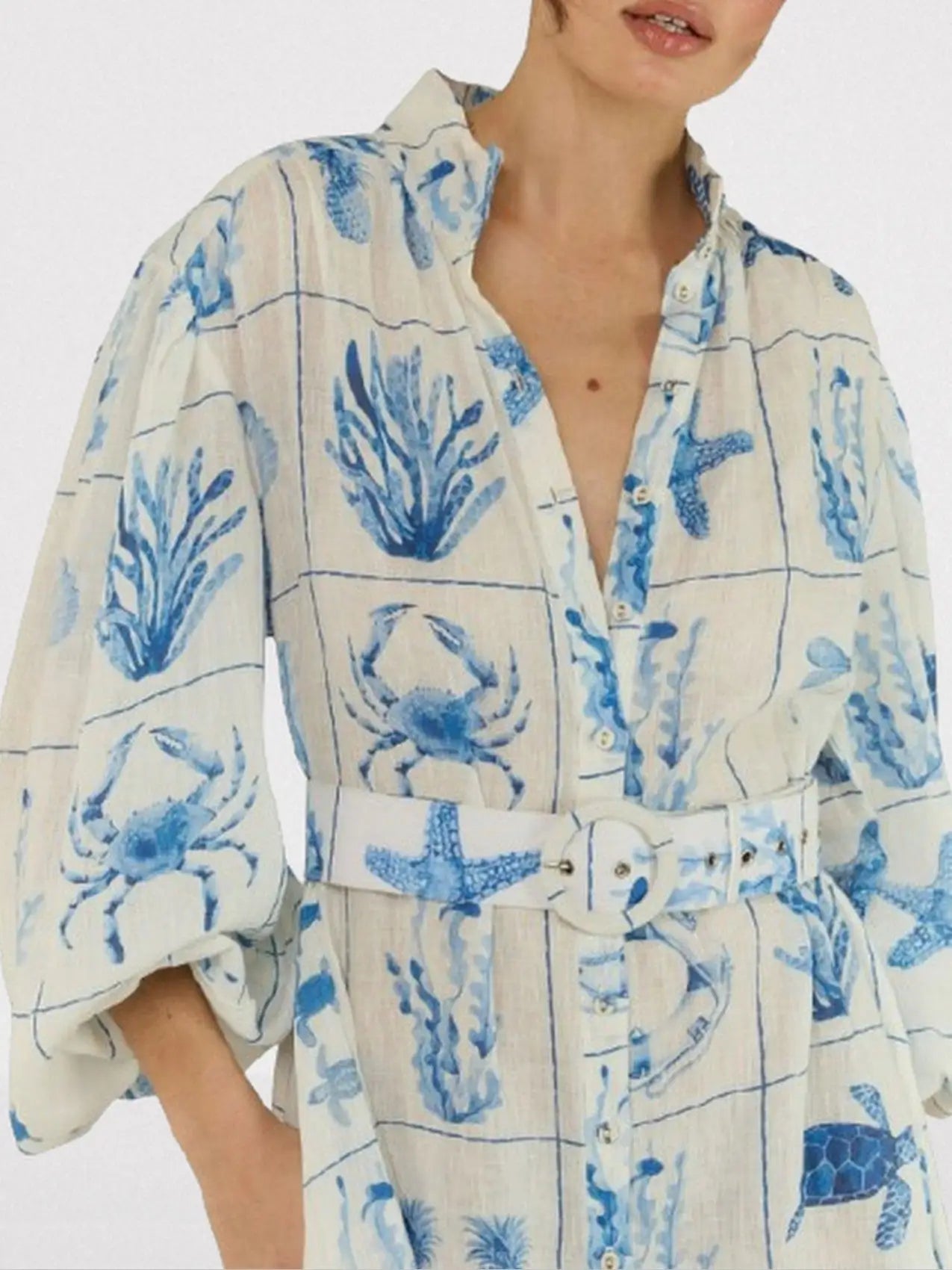 Belted Sea Life Printed Linen Maxi Dress - Dresses