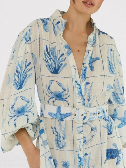 Belted Sea Life Printed Linen Maxi Dress - Dresses