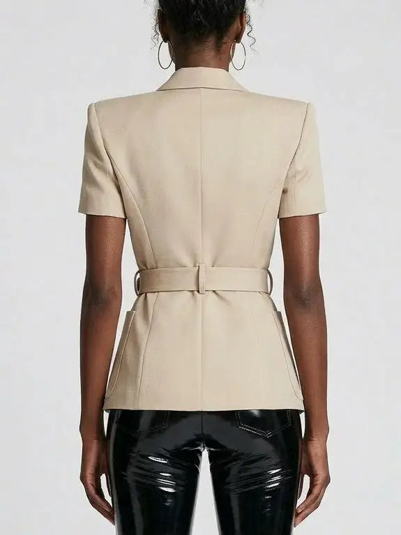 Belted Short Sleeve Blazer with Gold Buckle - Jackets