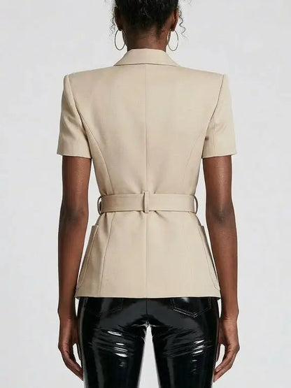 Belted Short Sleeve Blazer with Gold Buckle - Jackets