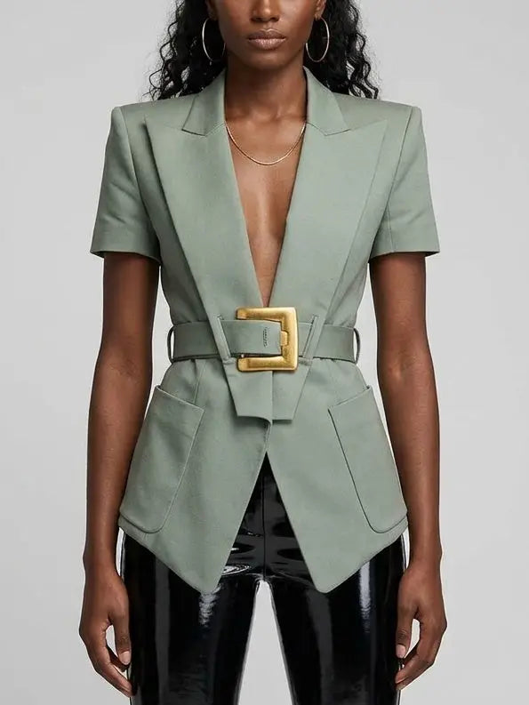 Belted Short Sleeve Blazer with Gold Buckle - Jackets
