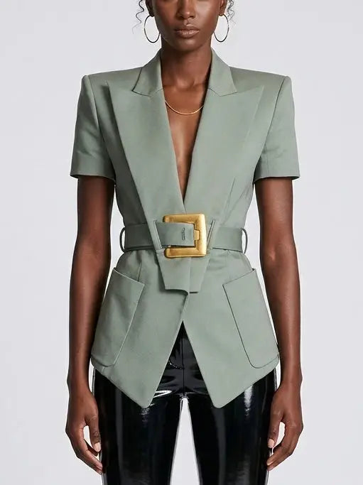 Belted Short Sleeve Blazer with Gold Buckle - Jackets