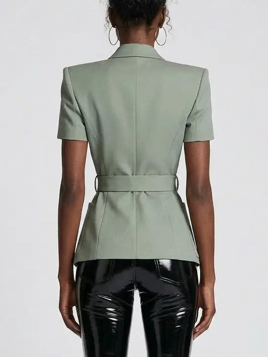 Belted Short Sleeve Blazer with Gold Buckle - Jackets