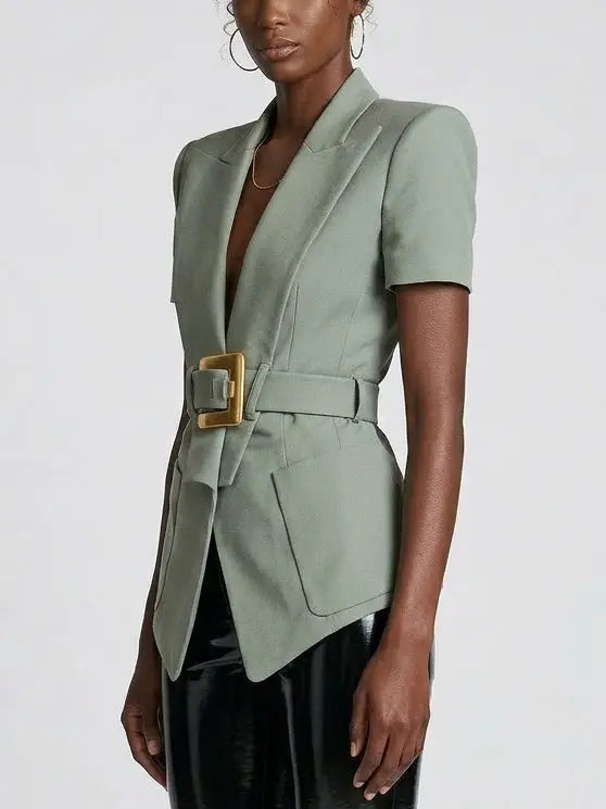 Belted Short Sleeve Blazer with Gold Buckle - Jackets
