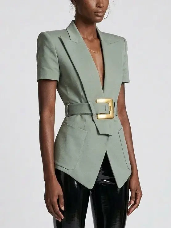 Belted Short Sleeve Blazer with Gold Buckle - Jackets
