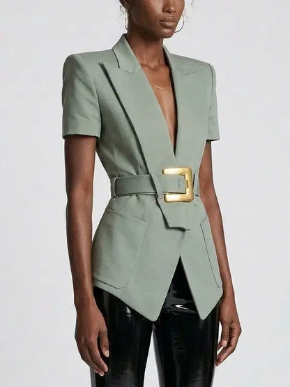 Belted Short Sleeve Blazer with Gold Buckle - Jackets