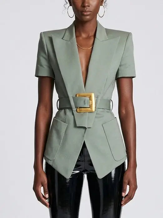 Belted Short Sleeve Blazer with Gold Buckle - Small / Sage Green - Jackets