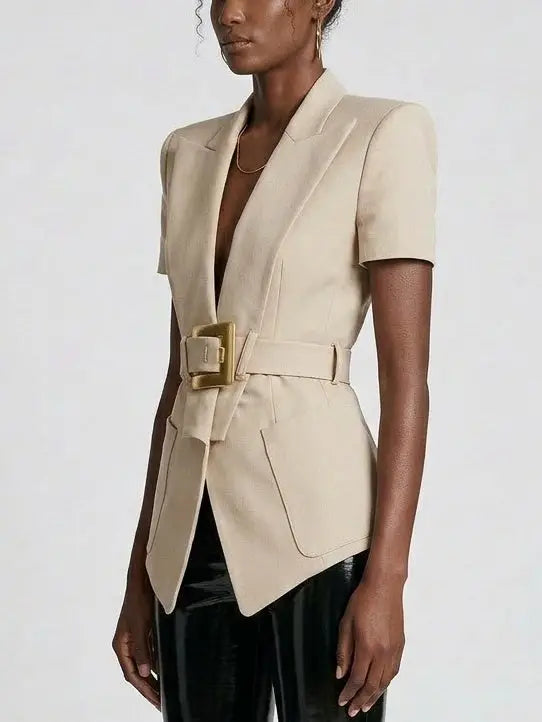 Belted Short Sleeve Blazer with Gold Buckle - Jackets