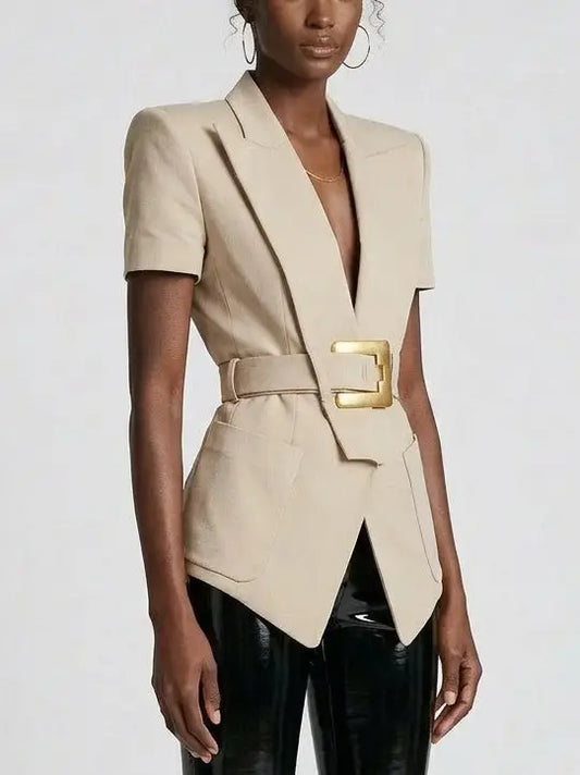 Belted Short Sleeve Blazer with Gold Buckle - Jackets