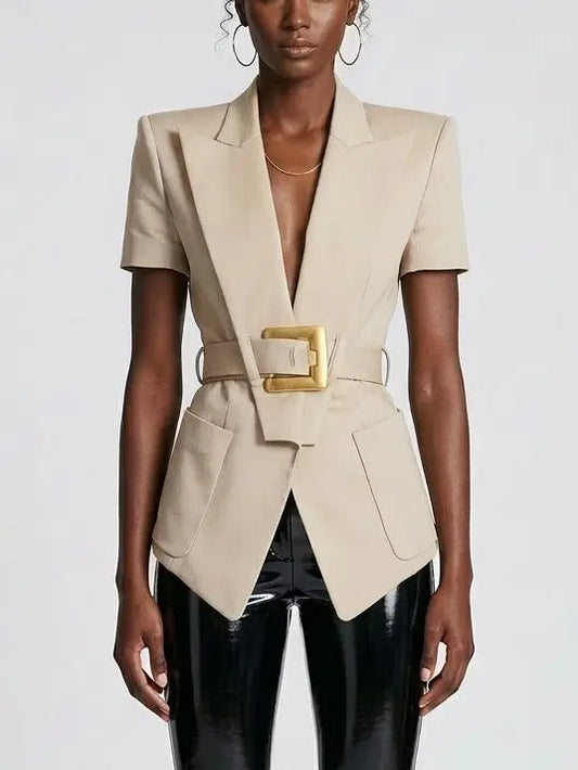 Belted Short Sleeve Blazer with Gold Buckle - Small / Light Beige - Jackets
