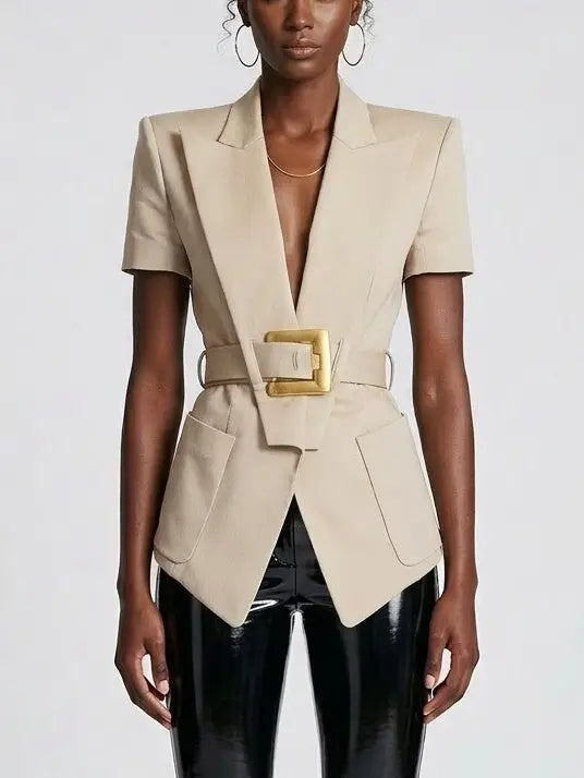 Belted Short Sleeve Blazer with Gold Buckle - Jackets