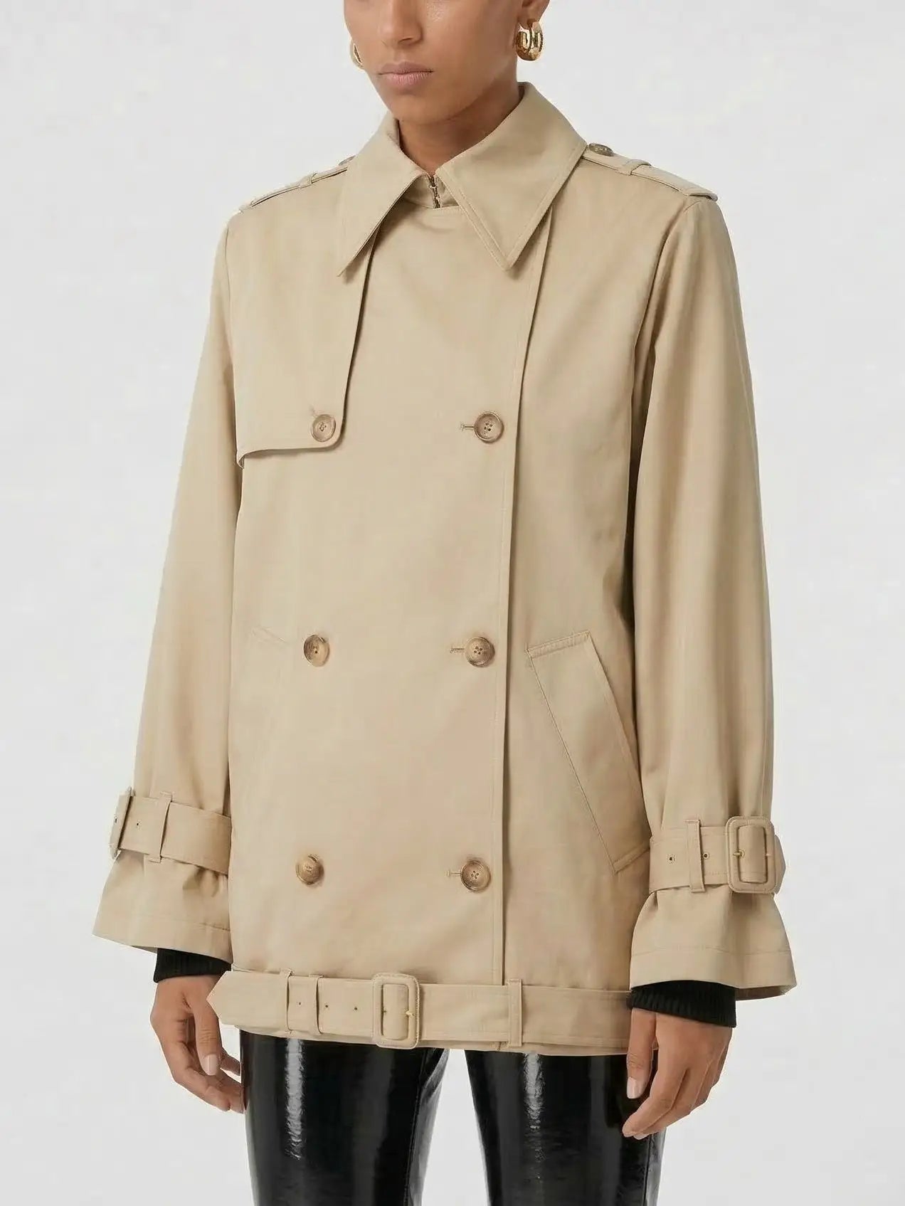 Belted Short Trench Coat in Classic Beige - Coats