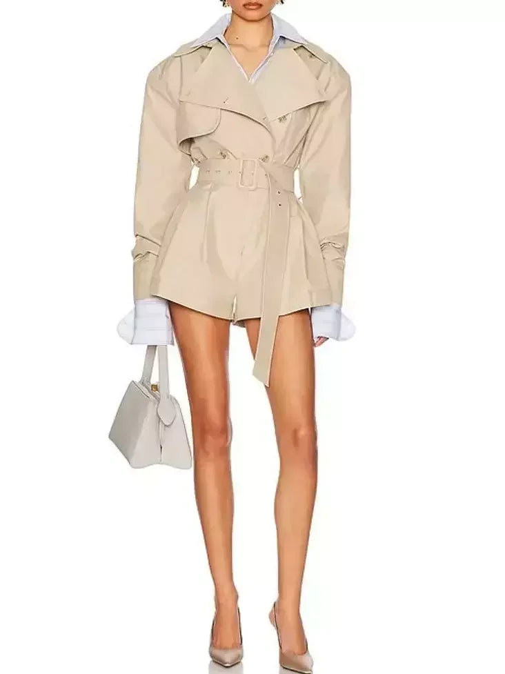 Belted Short Trench Jumpsuit in Khaki - Suits & Sets