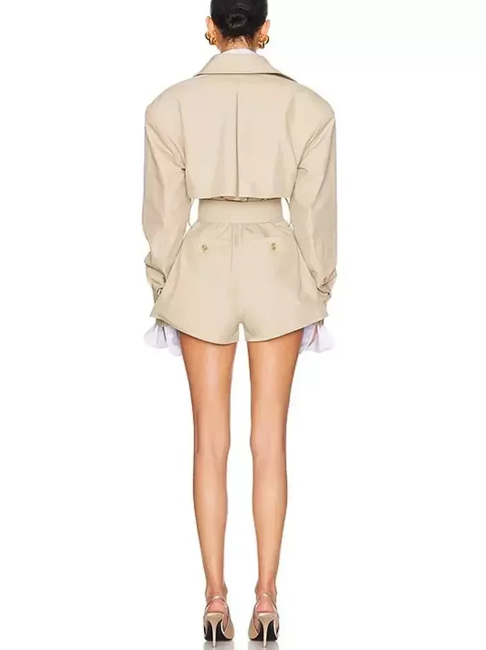 Belted Short Trench Jumpsuit in Khaki - Suits & Sets