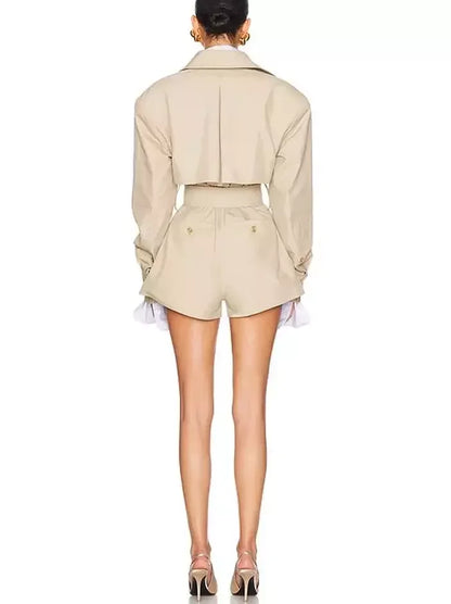 Belted Short Trench Jumpsuit in Khaki - Suits & Sets