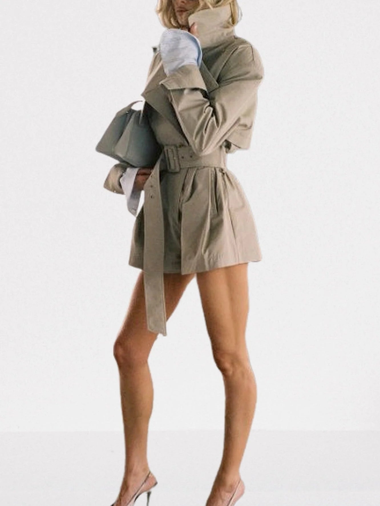 Belted Short Trench Jumpsuit in Khaki - Suits & Sets