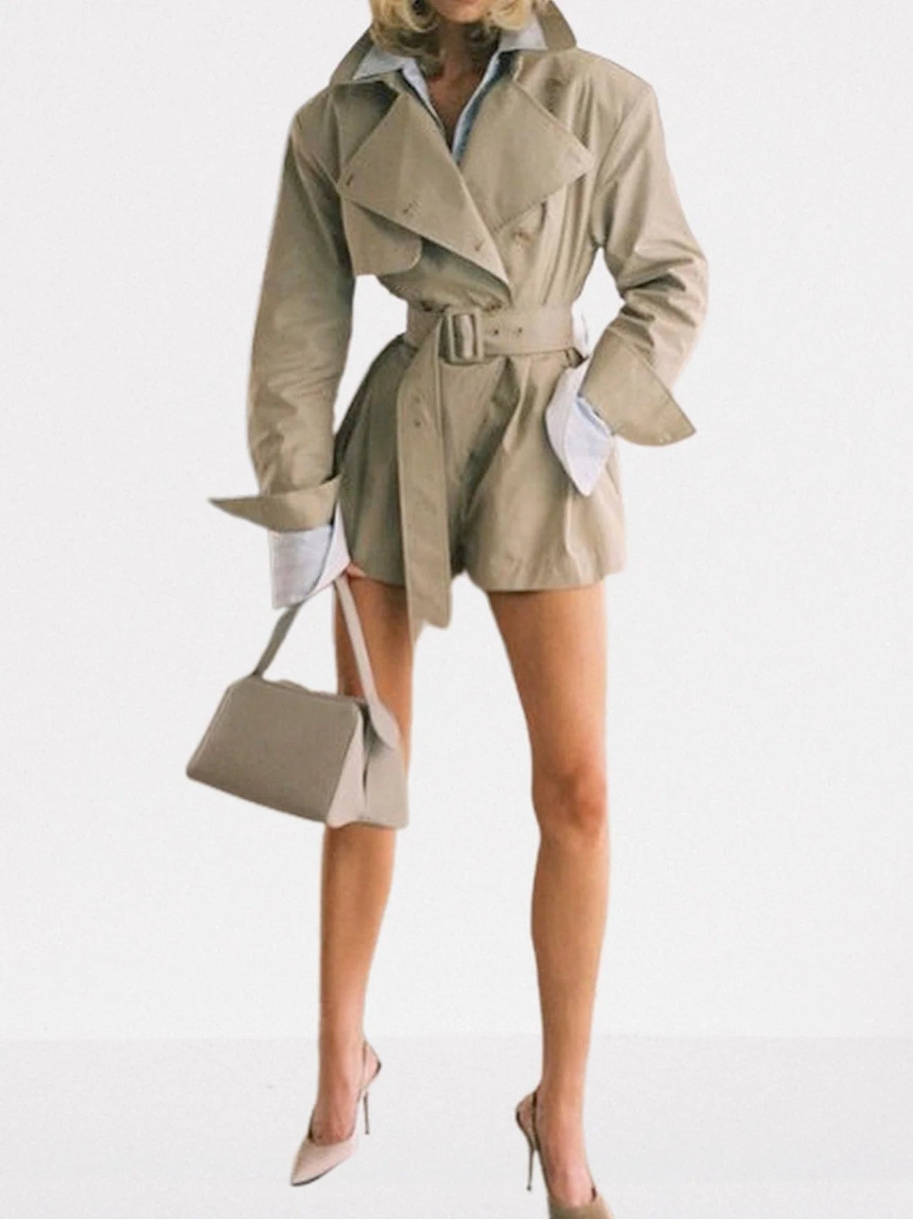 Belted Short Trench Jumpsuit in Khaki - Suits & Sets