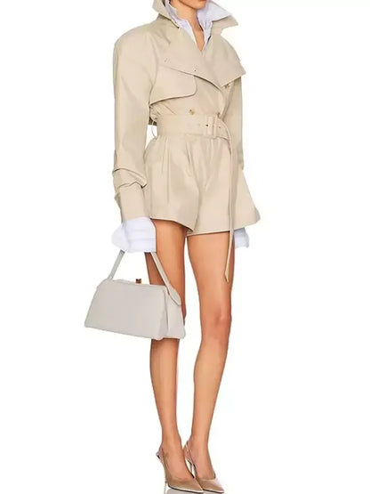 Belted Short Trench Jumpsuit in Khaki - Suits & Sets