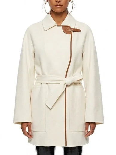 Belted Short Wool Cashmere Coat with Leather Trim - Small / Ivory - Coats