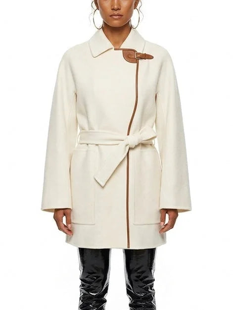 Belted Short Wool Cashmere Coat with Leather Trim - Coats