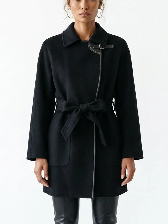 Belted Short Wool Cashmere Coat with Leather Trim - Coats